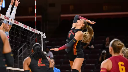 USC women's volleyball opposite hitter Abigail Mullen goes up to attack during an exhibition match against Loyola Marymount at Galen Center