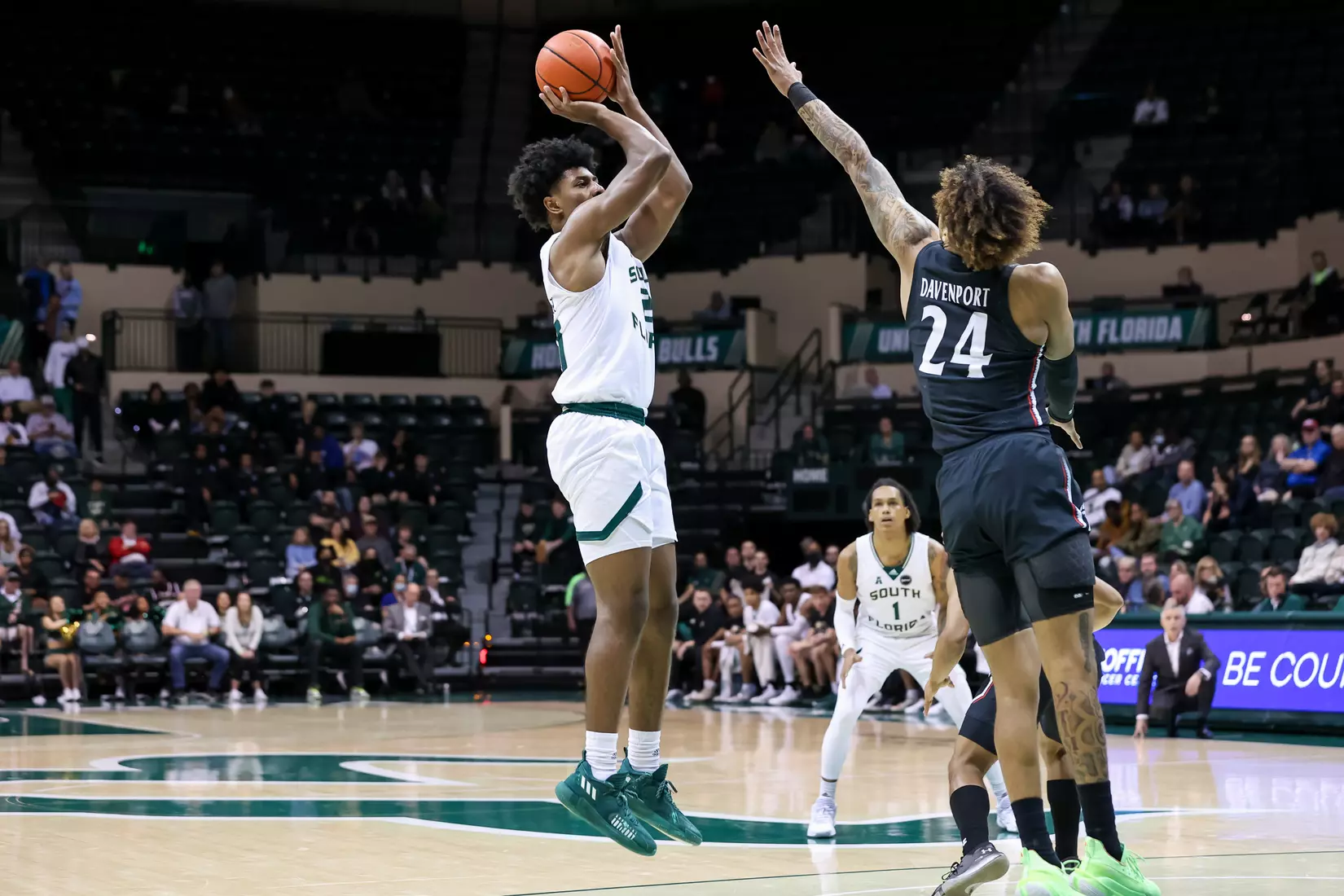 South Florida Bulls during a men's basketball game against the Cincinnati Bearcats at the Yuengling Center on February 9, 2022. (Mike Carlson/South Florida Athletics)