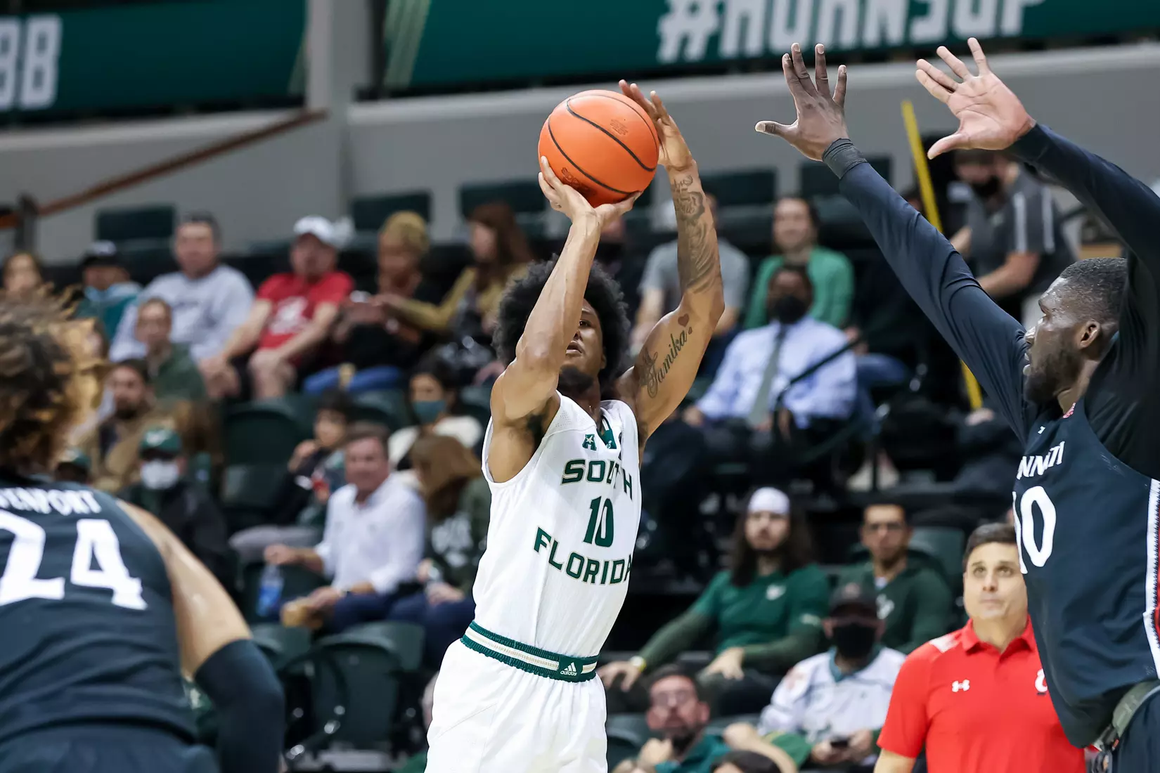 South Florida Bulls during a men's basketball game against the Cincinnati Bearcats at the Yuengling Center on February 9, 2022. (Mike Carlson/South Florida Athletics)