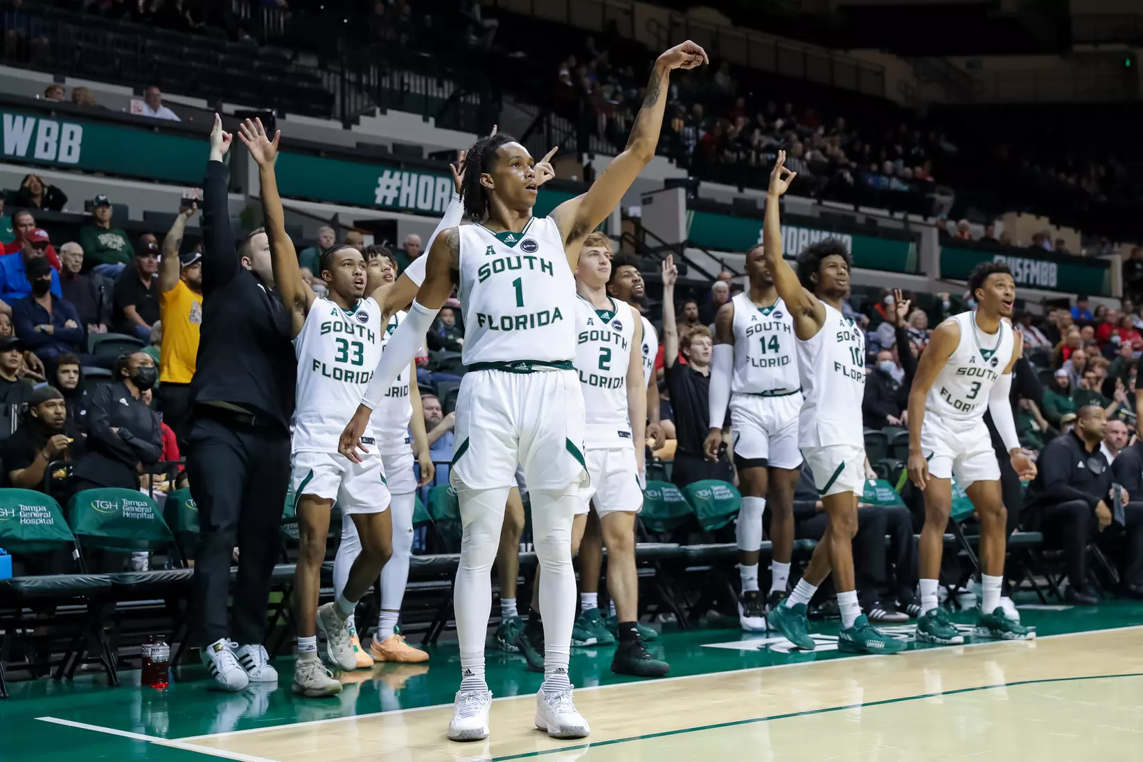 South Florida Bulls during a men's basketball game against the Cincinnati Bearcats at the Yuengling Center on February 9, 2022. (Mike Carlson/South Florida Athletics)