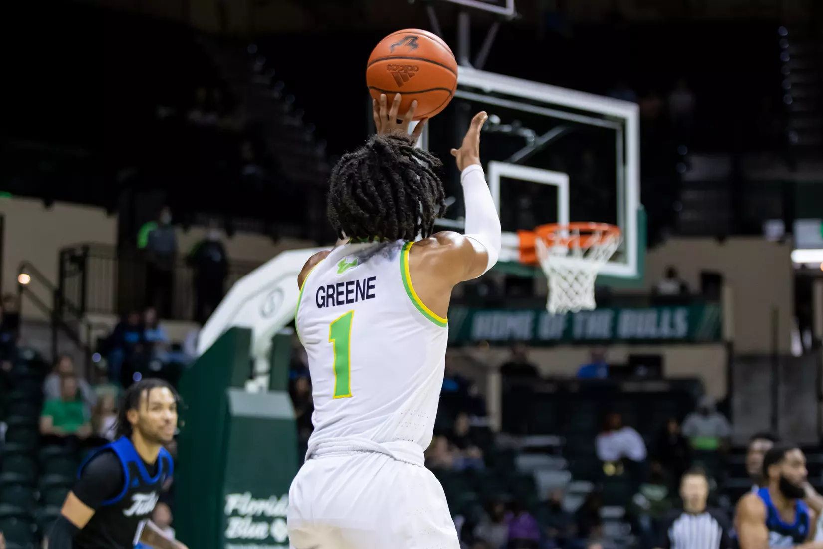 South Florida Bulls during a men's basketball game against the University of Tulsa Golden Hurricane at the Yuengling Center on February 19, 2022. (Mary Holt/South Florida Athletics)