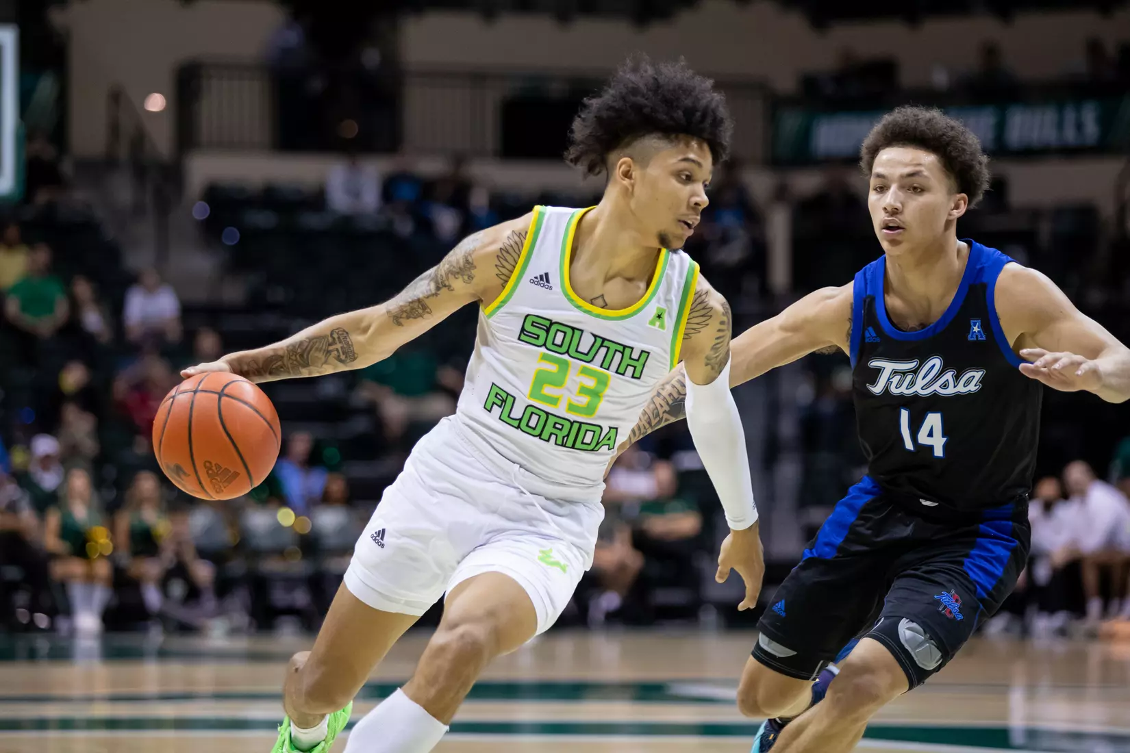 South Florida Bulls during a men's basketball game against the University of Tulsa Golden Hurricane at the Yuengling Center on February 19, 2022. (Mary Holt/South Florida Athletics)