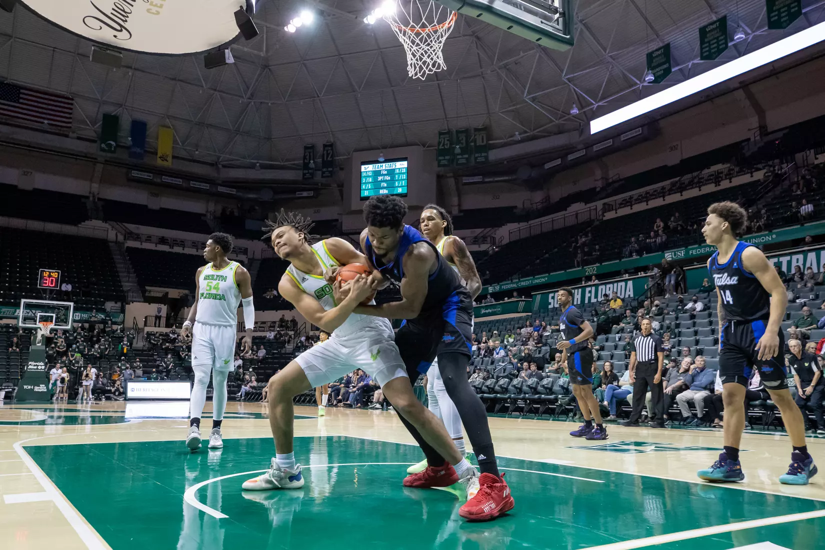 South Florida Bulls during a men's basketball game against the University of Tulsa Golden Hurricane at the Yuengling Center on February 19, 2022. (Mary Holt/South Florida Athletics)