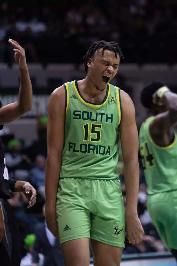 South Florida Bulls during a men's basketball game against the University of Central Florida Knights at the Yuengling Center on January 15, 2022. (Chris Henry/South Florida Athletics)