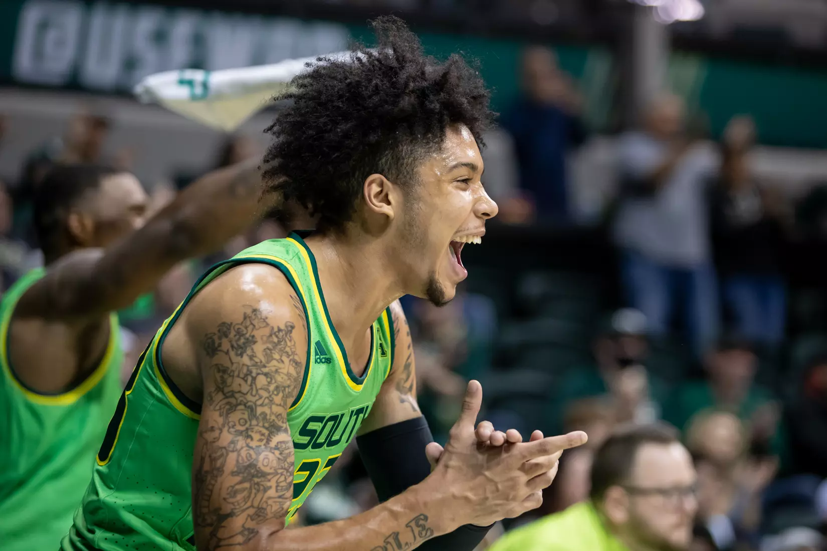 South Florida Bulls during a men's basketball game against the University of Central Florida Knights at the Yuengling Center on January 15, 2022. (Mary Holt/South Florida Athletics)