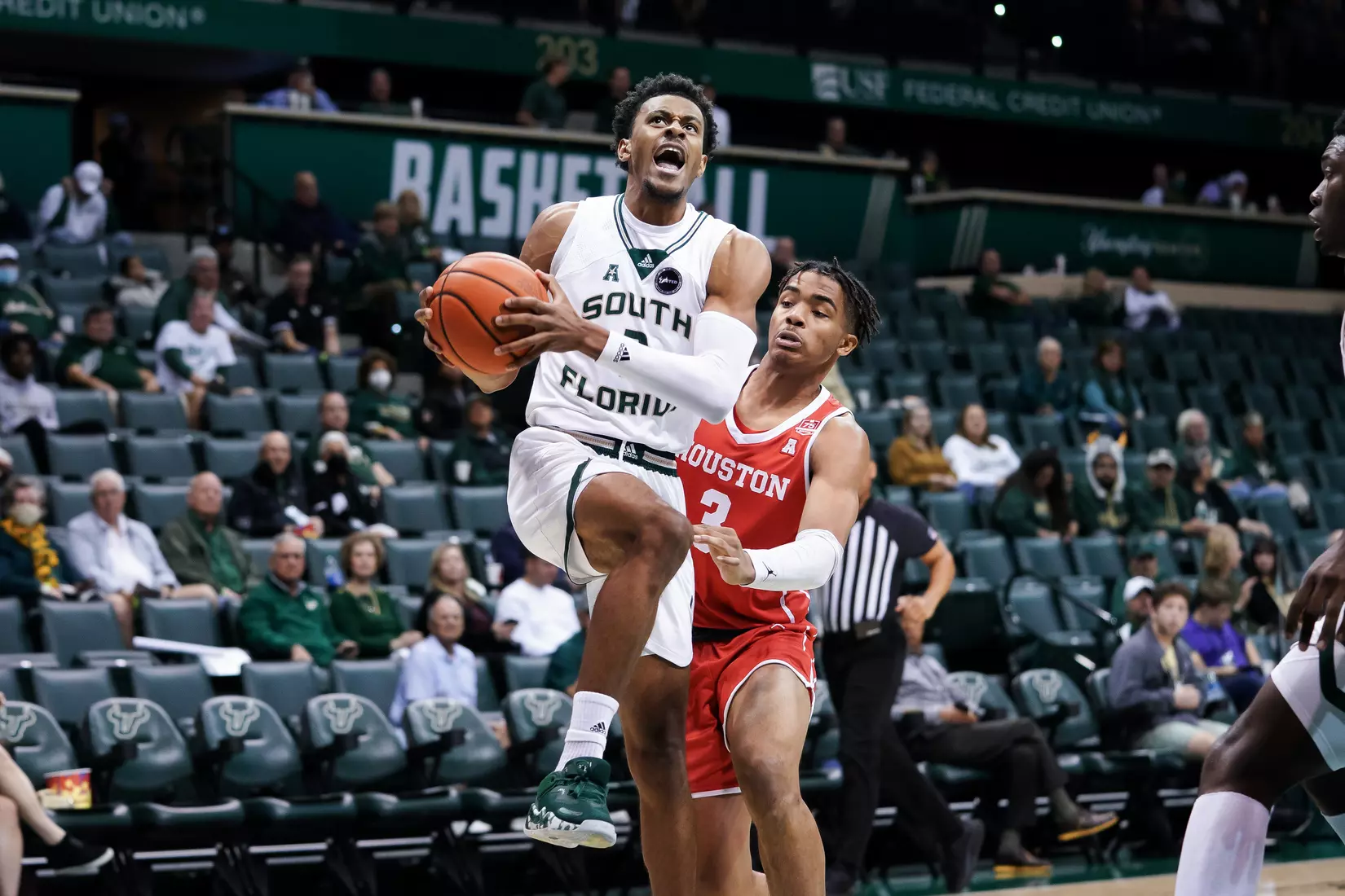 South Florida Bulls during a men's basketball game against the University of Houston Cougars at the Yuengling Center on January 5, 2022. (Stephen Galvin/South Florida Athletics)