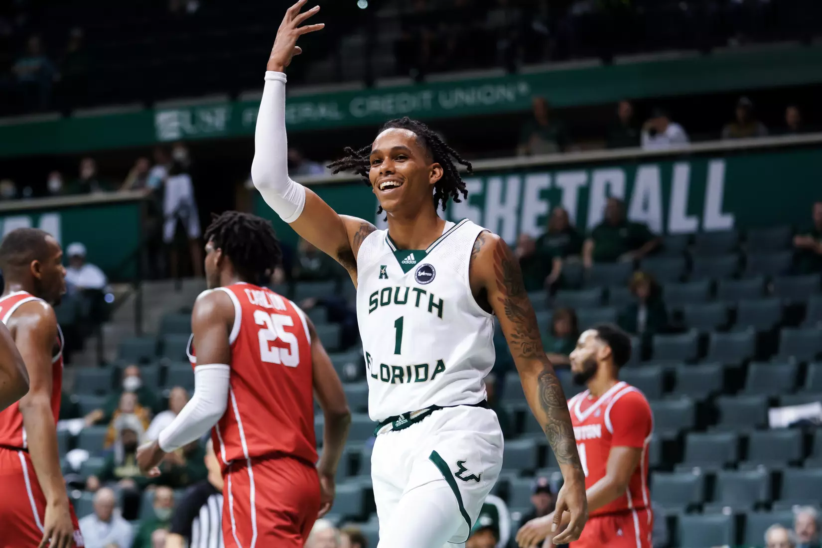 South Florida Bulls during a men's basketball game against the University of Houston Cougars at the Yuengling Center on January 5, 2022. (Stephen Galvin/South Florida Athletics)