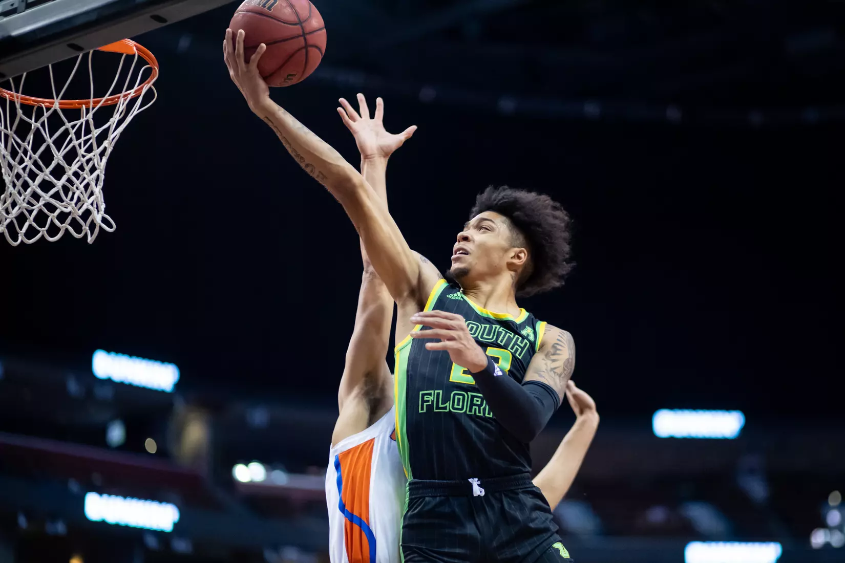 South Florida Bulls during a men's basketball game against the University of Florida Gators at FLA Live Arena on December 18, 2021. (Mary Holt/South Florida Athletics)