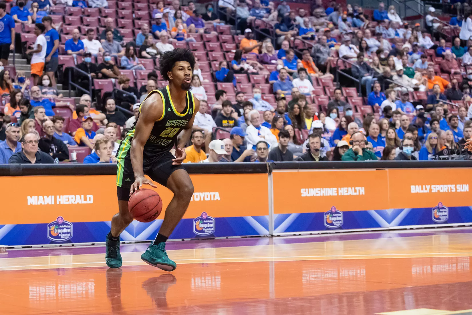South Florida Bulls during a men's basketball game against the University of Florida Gators at FLA Live Arena on December 18, 2021. (Mary Holt/South Florida Athletics)