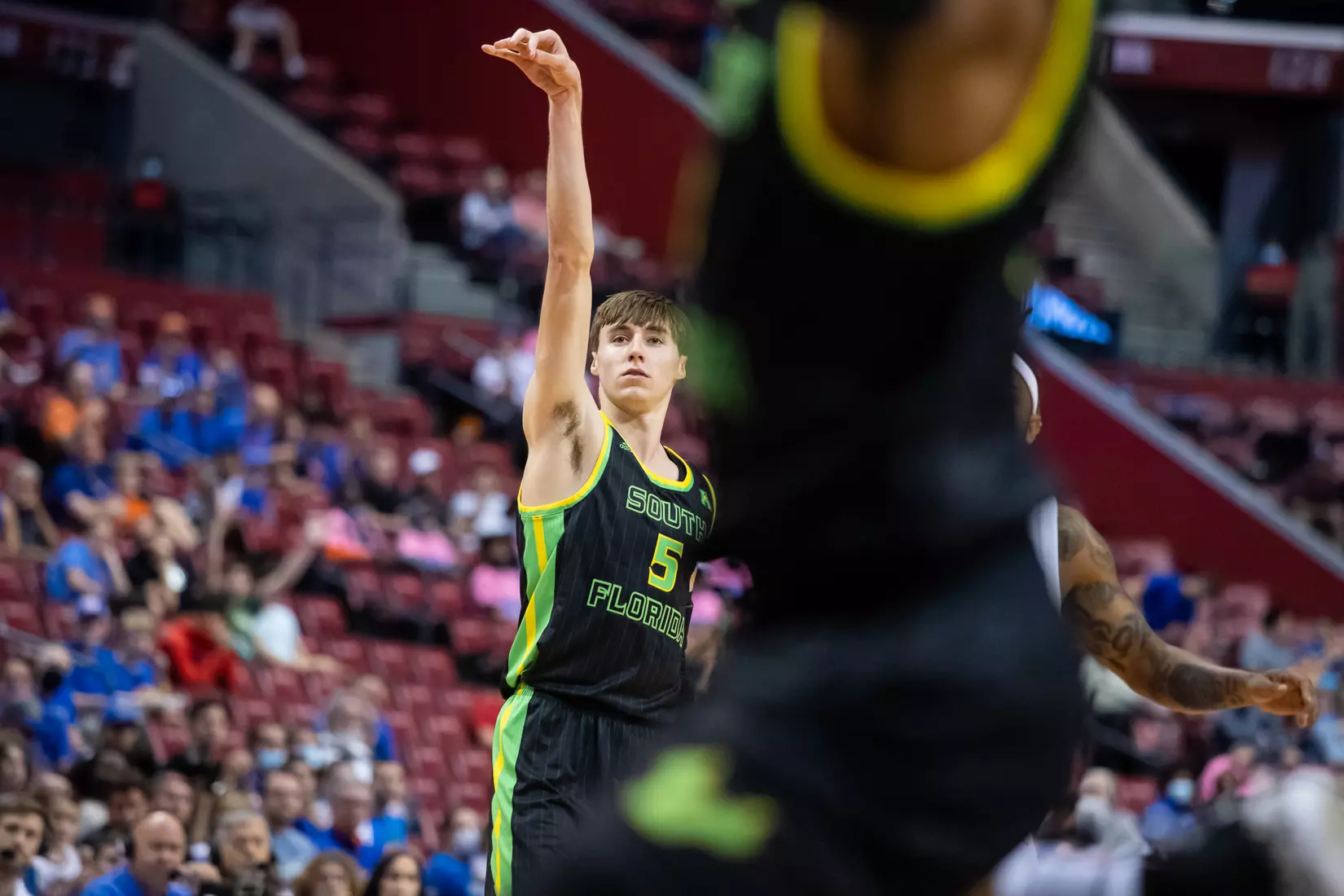 South Florida Bulls during a men's basketball game against the University of Florida Gators at FLA Live Arena on December 18, 2021. (Mary Holt/South Florida Athletics)