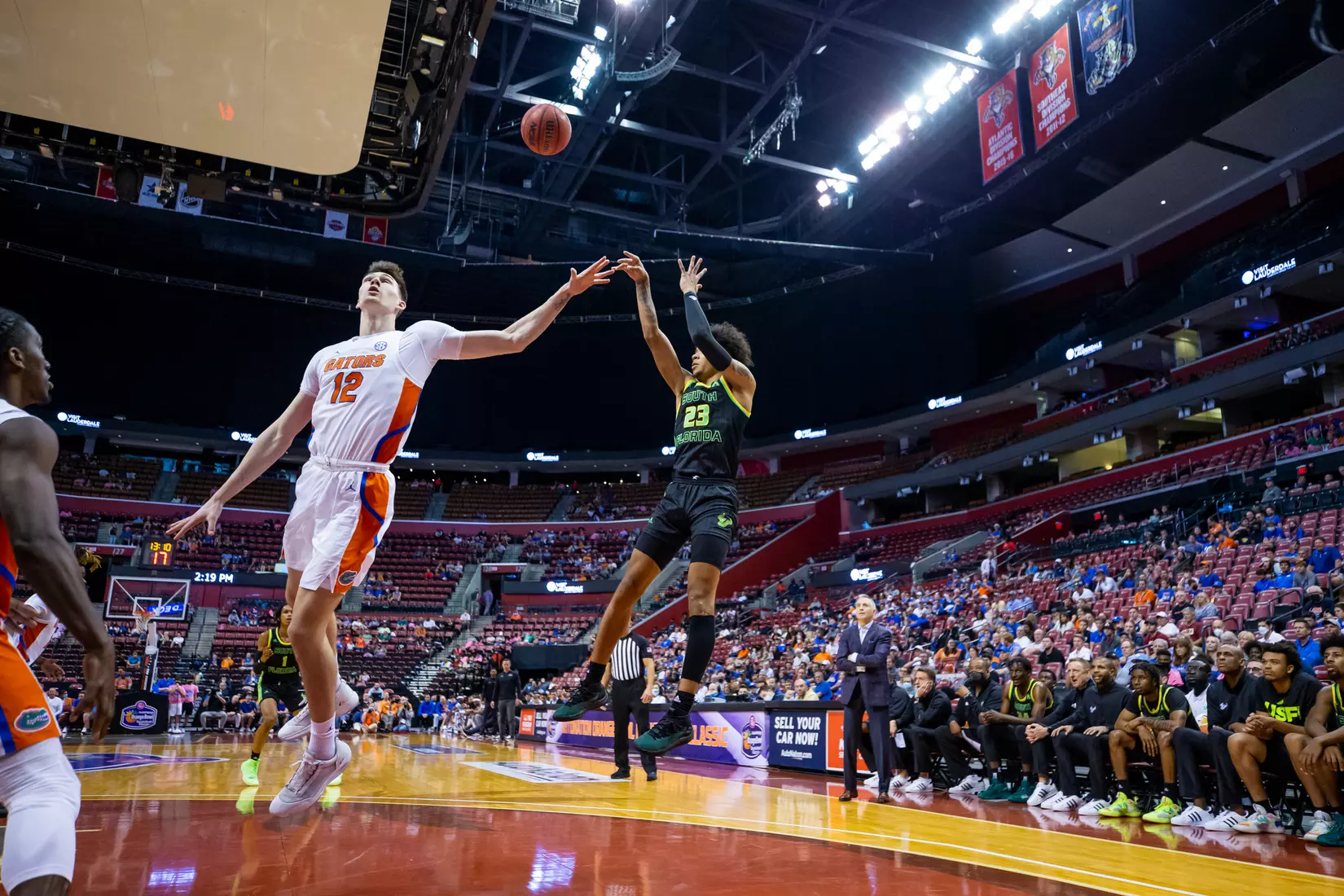 South Florida Bulls during a men's basketball game against the University of Florida Gators at FLA Live Arena on December 18, 2021. (Mary Holt/South Florida Athletics)