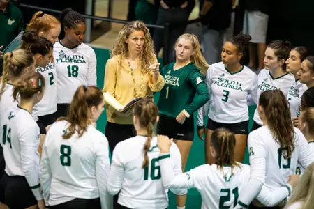 South Florida Bulls during a volleyball match against the William & Mary Tribe on August 26, 2022. (Mary Holt/South Florida Athletics)