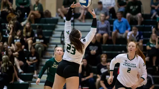 South Florida Bulls during a volleyball match against the William & Mary Tribe on August 26, 2022. (Mary Holt/South Florida Athletics)