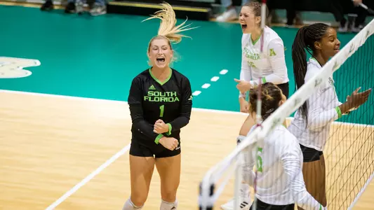 South Florida Bulls in a volleyball match against the Ball State University Cardinals on August 26, 2022. (Mary Holt/South Florida Athletics)