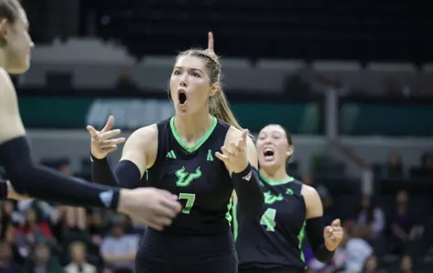 South Florida Bulls during a volleyball game against the University of Alabama at Birmingham on September 30, 2023. (Stephen Galvin/South Florida Athletics)