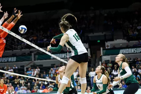 South Florida Bulls during a Road to Tampa Bay Invitational volleyball game against the University of Florida Gators on August 26, 2023. (Stephen Galvin/South Florida Athletics)