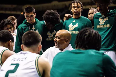 South Florida Bulls during a men's basketball game against the Edward Waters College Tigers on November 2, 2023. (Emmy McCarthy/South Florida Athletics)