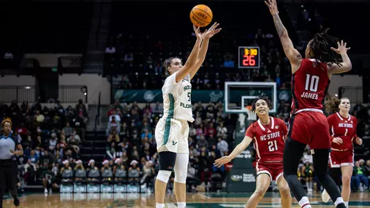 South Florida Bulls during a women's basketball game against the North Carolina State University Wolfpack on December 16, 2023. (Stephen Galvin/South Florida Basketball)