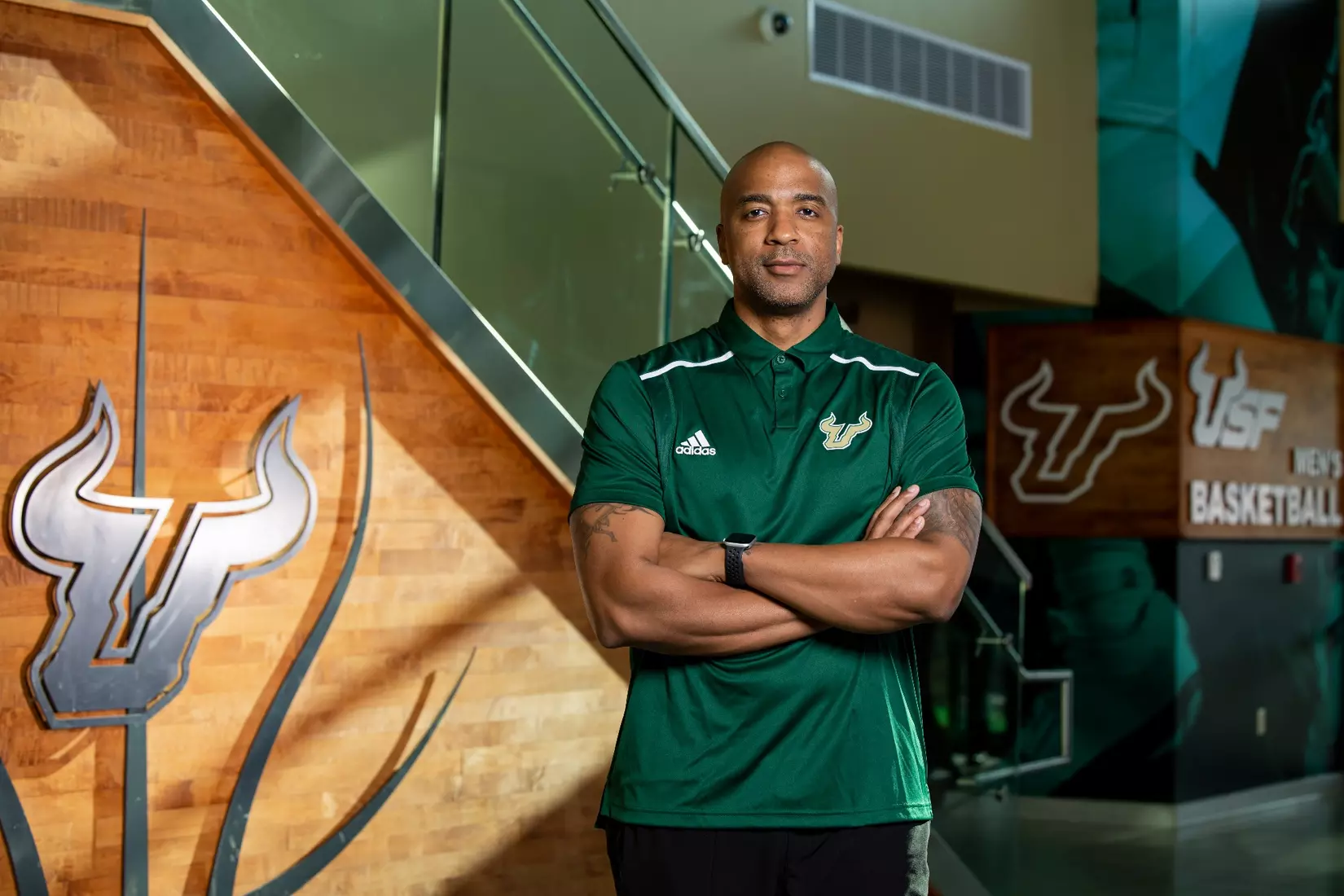 Men's Basketball Head Coach Amir Abdur-Rahim during a posed portrait session on March 30, 2023. (Mary Holt/South Florida Athletics)