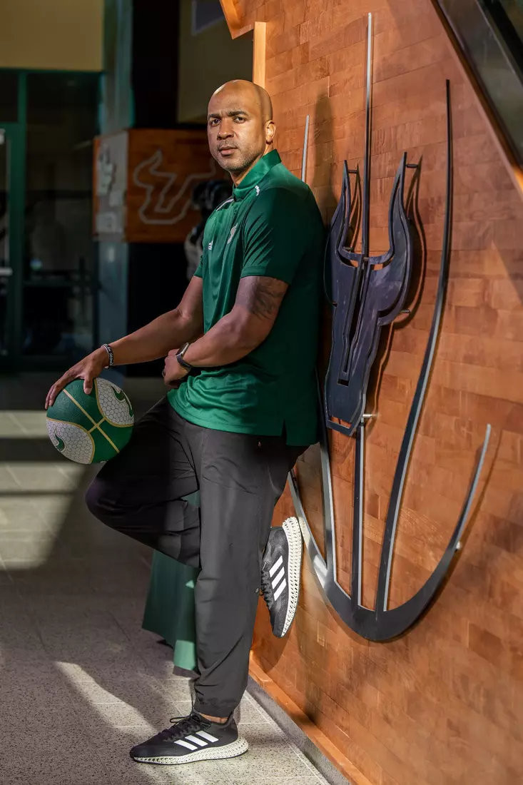 Men's Basketball Head Coach Amir Abdur-Rahim during a posed portrait session on March 30, 2023. (Mary Holt/South Florida Athletics)