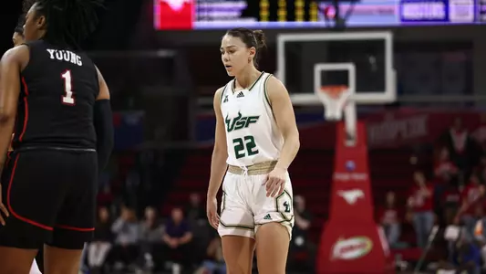 South Florida Bulls during a women's basketball game against the Southern Methodist University Mustangs on March 5, 2024. (Stephen Galvin/South Florida Basketball)