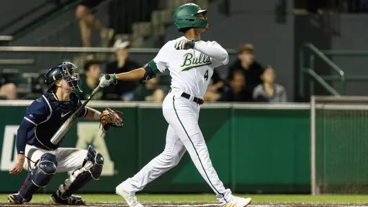 South Florida Bulls during a baseball game against the University of Connecticut Huskies on February 16, 2024. (Stephen Galvin/South Florida Baseball)