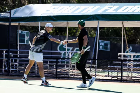 South Florida Bulls during a men's tennis match against the Florida Southern College Mocs on January 21, 2024. (Chris Henry/South Florida Tennis)