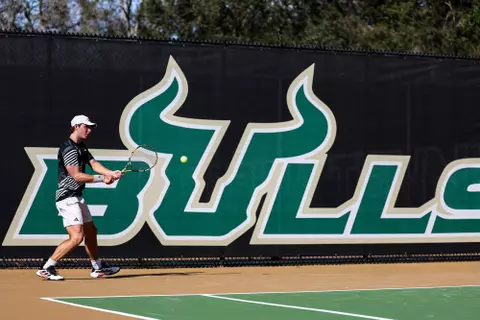 South Florida Bulls during a men's tennis match against the Florida Southern College Mocs on January 21, 2024. (Chris Henry/South Florida Tennis)