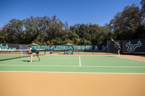 South Florida Bulls during a women's tennis match against the Stetson University Hatters on February 7, 2024. (Mary Holt/South Florida Basketball)