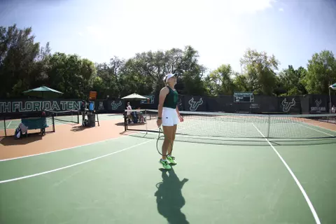 South Florida Bulls during a women's tennis match against the Virginia Commonwealth University Rams on March 10, 2024. (Stephen Galvin/South Florida Tennis)