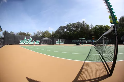 South Florida Bulls during a women's tennis match against the Virginia Commonwealth University Rams on March 10, 2024. (Stephen Galvin/South Florida Tennis)