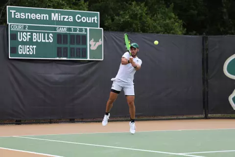 South Florida Bulls during a men's tennis match against the Florida Alantic University Owls on April 10, 2024. (Stephen Galvin/South Florida Tennis)