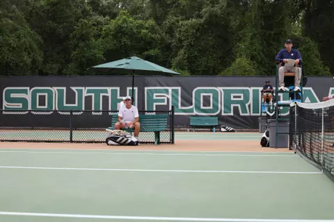 South Florida Bulls during a men's tennis match against the Florida Alantic University Owls on April 10, 2024. (Stephen Galvin/South Florida Tennis)