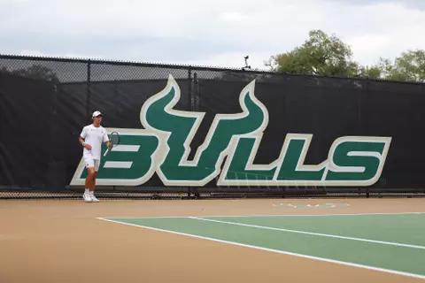 South Florida Bulls during a men's tennis match against the Florida Alantic University Owls on April 10, 2024. (Stephen Galvin/South Florida Tennis)