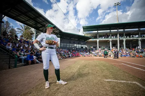 South Florida Bulls during a softball game against the University of Florida Gators on February 11, 2024. (Stephen Galvin/South Florida Softball)