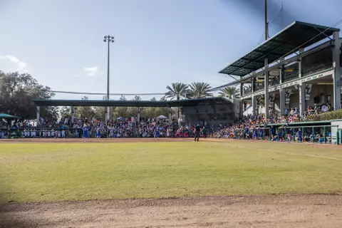 South Florida Bulls during a softball game against the University of Florida Gators on February 11, 2024. (Stephen Galvin/South Florida Softball)