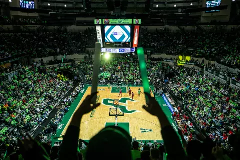 South Florida Bulls during a men's basketball game against the Florida Atlantic University Owls on February 18, 2024. (Emmy McCarthy/South Florida Basketball)