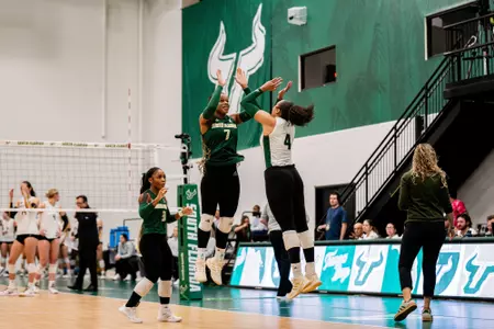 Imani Hartfield, Samiha Foster during South Florida Volleyball game vs Wichita State University on November 2, 2025.
