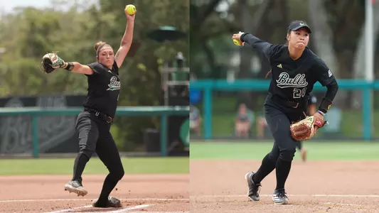 A split screen image of Payton Dixon and Belle Sardja pitching.
