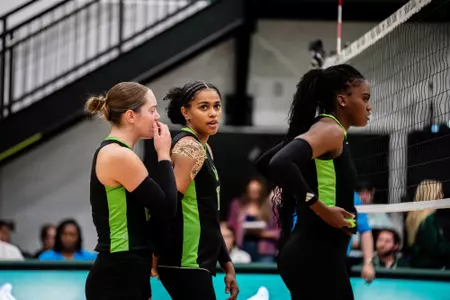 Arianna Beckham, Imani Hartfield, Addy Brus during South Florida Volleyball game vs University of South Carolina on September 7, 2025.