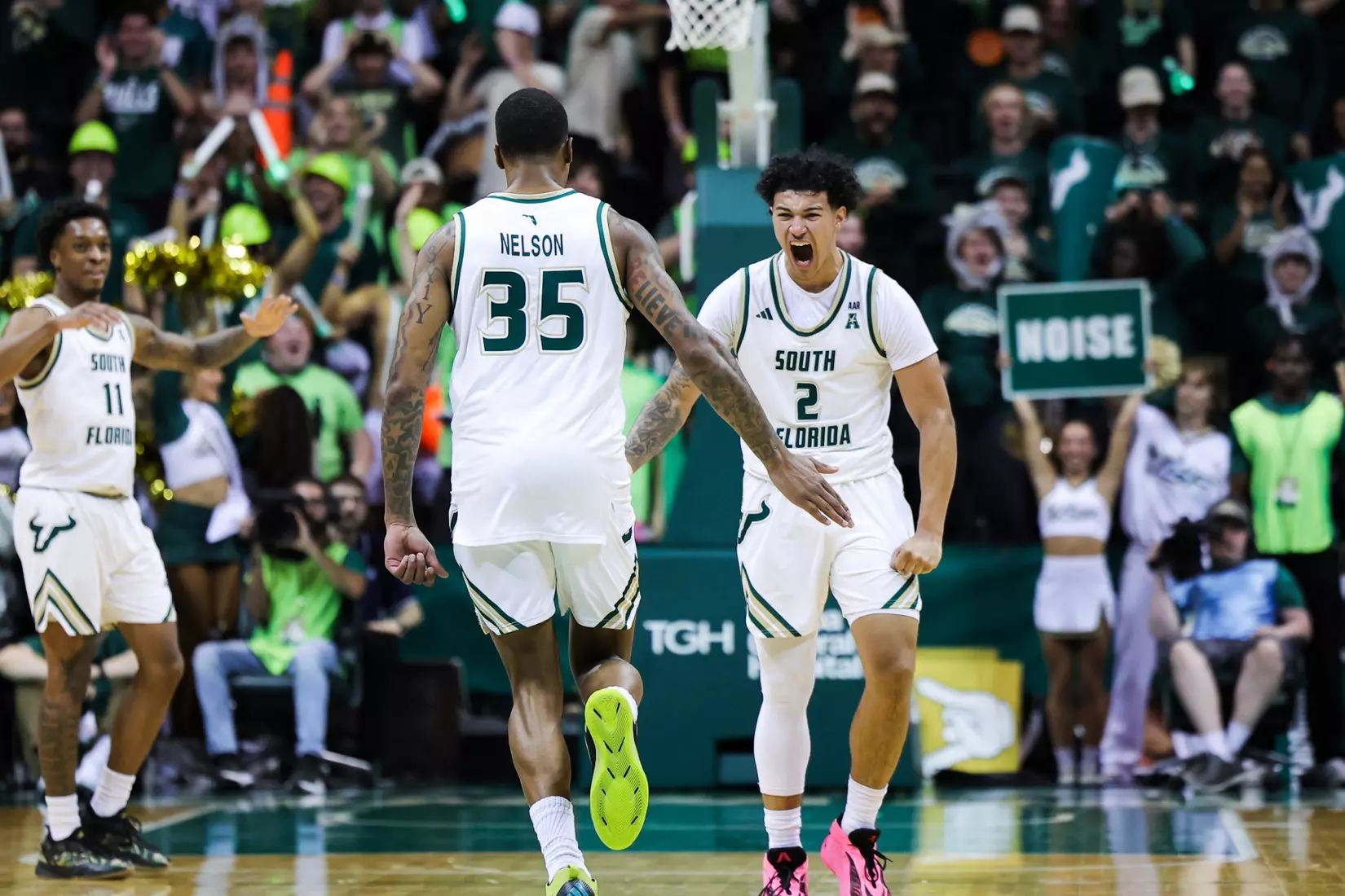 Izaiyah Nelson, Wes Enis during the South Florida Men's Basketball match vs Charlotte on March 8, 2026.