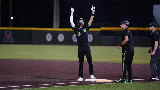 Jack Lutz celebrates an RBI single.