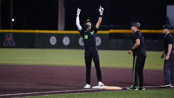 Jack Lutz celebrates an RBI single.