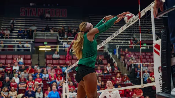 Samiyah Abdur-Rahim and Iyanna Garvin with a block at No. 4 Stanford