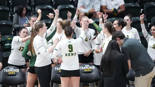 VB Huddle at a timeout vs. SJSU 2025