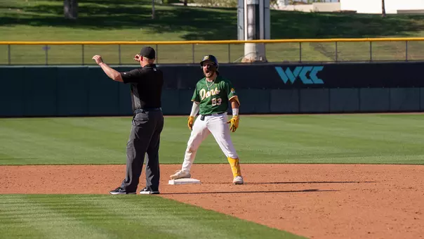 Zack Ramppen celebrating at second base vs. SCU 2026 WCC Tournament