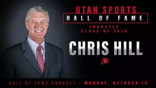 Former Utah Utes Athletics Director Chris Hill will be inducted into the Utah Sports Hall of Fame on Oct. 14. This graphic recognizes Hill's accomplishment with a photo of him and words to describe the honor.