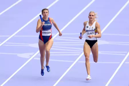 2024 Olympics: Josefine Eriksen (NOR) runs the lead leg of the women's 4x400m relay inside Stade de France on Friday, Aug. 9, 2024, in Paris, France.