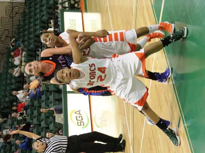 Rosalyn Thorpe gets boxed out by a pair of Bronc defenders Wednesday night at the UTPA Fieldhouse