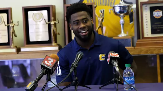 Brandon Dowdell answers questions at the Mocs weekly press conference.